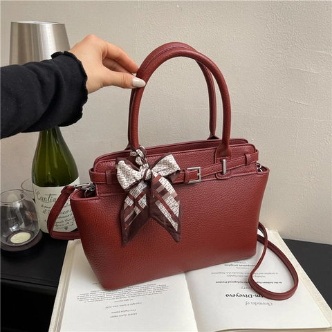 Sac Bandoulière En Cuir PU Texture Litchi Avec Foulard En Satin Décoratif Sac À Main Vintage Pour Femmes Casual