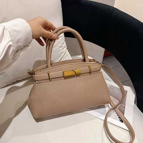 Sac à Main en Cuir PU pour Femmes Motif Litchi Mode Grande Capacité Sac à Bandoulière Élégant Trapèze Style Kelly