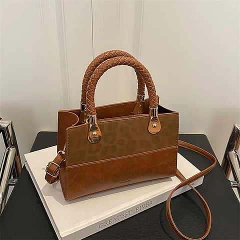 Patchwork PU Leather Crossbody Handbag With Woven Handle For Women Retro Suede Small Square Shoulder Bag