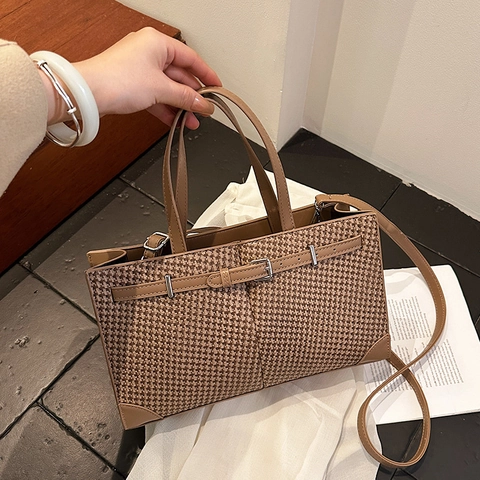 Vintage Houndstooth Woven Crossbody Bag Large Capacity PU Leather Handbag For Women Commuting Travel Retro Tote