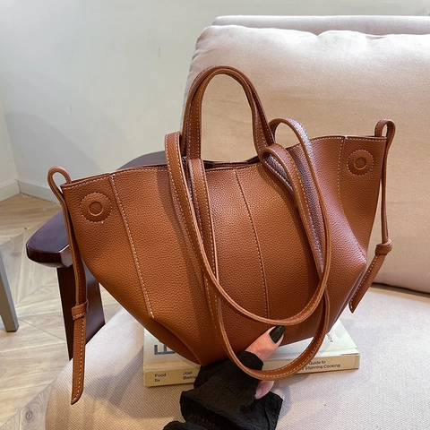 Women Tote Bag Litchi Grain PU Leather Large Capacity Shoulder Bag Minimalist Commuter Handbag Contrast Stitching