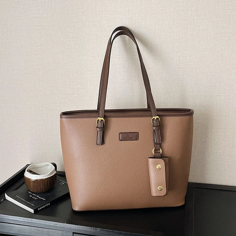 Borsa Tote da Donna Vintage in Pelle PU Grana Litchi Grande Capacità Manico a Contrasto Borsa a Tracolla Pendolare con Piccola Pochette