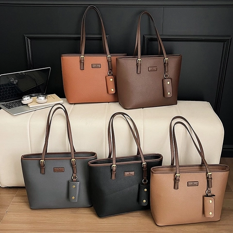 Borsa Tote da Donna Vintage in Pelle PU Grana Litchi Grande Capacità Manico a Contrasto Borsa a Tracolla Pendolare con Piccola Pochette