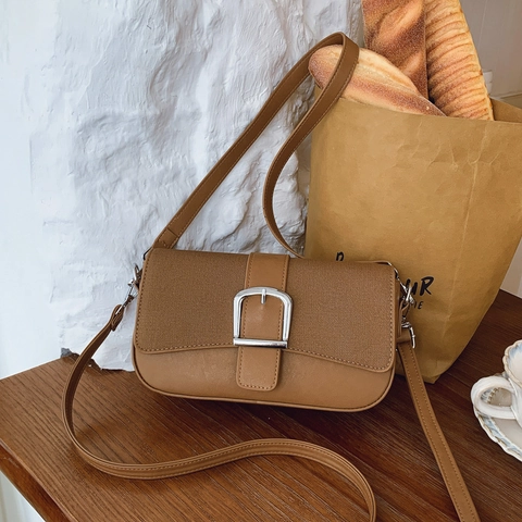 Women Retro Underarm Crossbody Bag PU Leather Canvas Stitching Flap Square Silver Metal Buckle Adjustable Strap