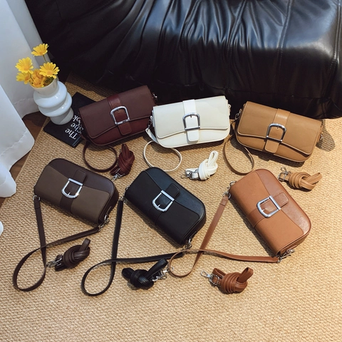 Women Retro Underarm Crossbody Bag PU Leather Canvas Stitching Flap Square Silver Metal Buckle Adjustable Strap