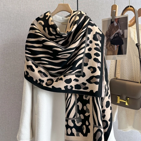 Winter Scarf Shawl Faux Cashmere Leopard Zebra Print Thick Warm Tassel Trim European Fashion Style For Women