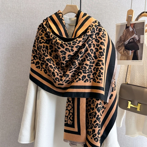 Sciarpa Leopardo Scialle Imitazione Cashmere Caldo Spesso Inverno Avvolgente Con Nappine Moda Pendolare Per Donne Elegante Morbido