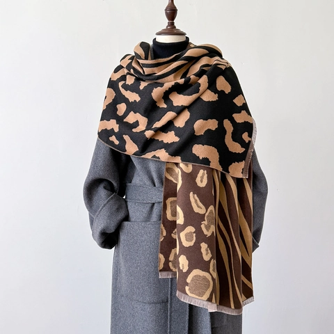 Bufanda Chal De Invierno Estampado Leopardo Cebra Patchwork Imitación Cachemira Gruesa Cálida Flecos Elegante Mujer