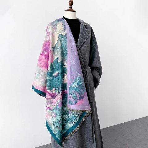 Artistic Floral Print Winter Scarf Long Thickened Warm Shawl Imitation Cashmere With Tassels Vintage Style For Women