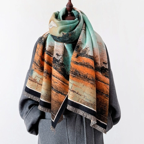 Landscape Oil Painting Print Imitation Cashmere Scarf Large Thick Warm Winter Shawl With Fringe For Women Elegant