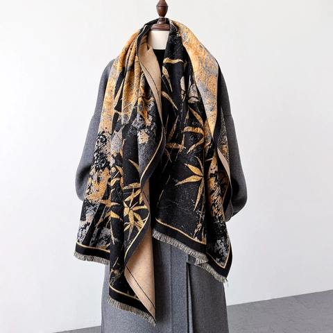 Winter Imitation Cashmere Scarf Thickened Warm Shawl For Women Bamboo Leaf Print Retro Chinese Style Wrap With Tassels