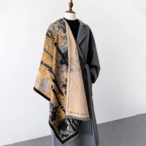 Winter Imitation Cashmere Scarf Thickened Warm Shawl For Women Bamboo Leaf Print Retro Chinese Style Wrap With Tassels