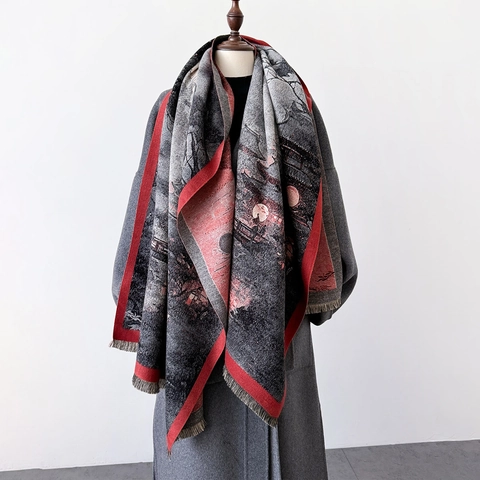 Sciarpa Scialle Imitazione Cashmere Calda Invernale Pittura Ad Olio Paesaggio Stampa Frange Retro Elegante