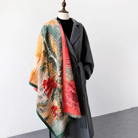 Landscape Oil Painting Scarf Shawl Elegant Imitation Cashmere Thickened Jacquard Winter Wrap With Tassels Women Artistic