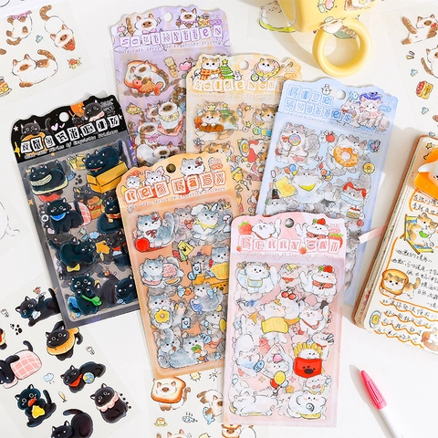 Autocollants en PET Chat de Dessin Animé Mignon Imperméable Kawaii Animaux Décalcomanies Décoratives pour Scrapbooking Journal DIY Artisanat
