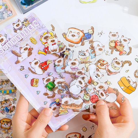Autocollants en PET Chat de Dessin Animé Mignon Imperméable Kawaii Animaux Décalcomanies Décoratives pour Scrapbooking Journal DIY Artisanat