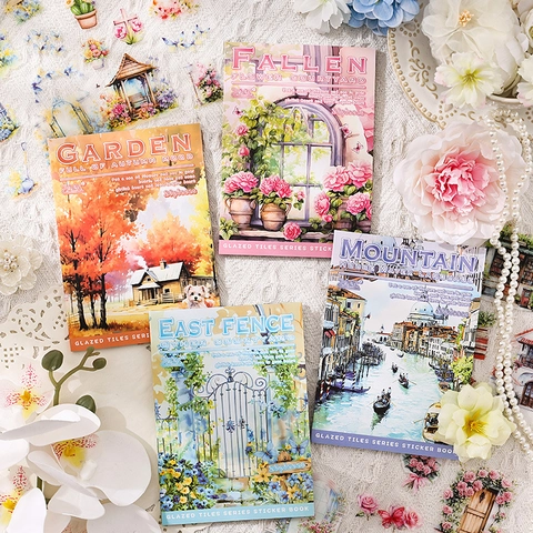 Vintage Watercolor Waterproof PET Sticker Book Glazed Tiles Series European Architecture Floral Scenery DIY Journaling Decor
