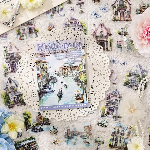 Vintage Watercolor Waterproof PET Sticker Book Glazed Tiles Series European Architecture Floral Scenery DIY Journaling Decor