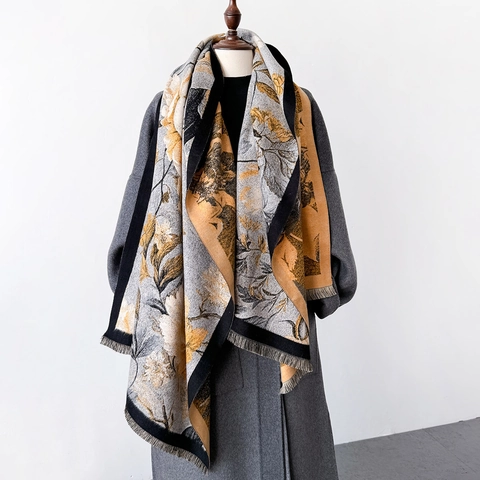 Elegante Sciarpa Con Stampa Floreale Scialle Spesso Caldo Imitazione Cashmere Fiori Retrò Frange Con Nappe Avvolgente Invernale