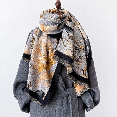 Elegante Sciarpa Con Stampa Floreale Scialle Spesso Caldo Imitazione Cashmere Fiori Retrò Frange Con Nappe Avvolgente Invernale