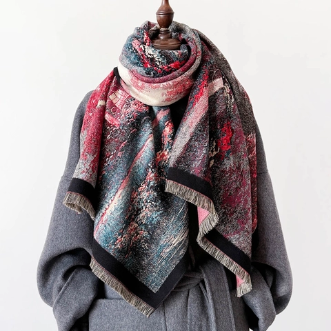 Women Imitation Cashmere Scarf Thick Warm Winter Shawl Art Print Abstract Oil Painting Tassels Elegant Chic Wrap