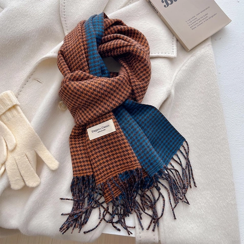 Sciarpa Scialle Pied De Poule Imitazione Cashmere Poliestere Caldo Frange Doppio Lato Stile Britannico Lungo Inverno