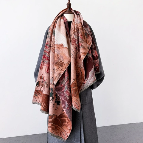 Vintage Dunhuang Jacquard Scarf Shawl Thick Warm Faux Cashmere Winter Wrap With Tassels For Women Elegant