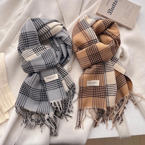 Bufanda De Cuadros Británica Cachemira Sintética Cálida Bufanda Larga De Invierno Diseño De Flecos Estilo Clásico Minimalista Unisex