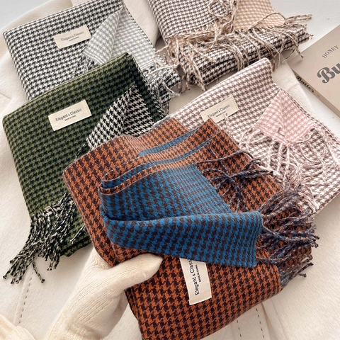 Sciarpa Scialle Pied De Poule Imitazione Cashmere Poliestere Caldo Frange Doppio Lato Stile Britannico Lungo Inverno