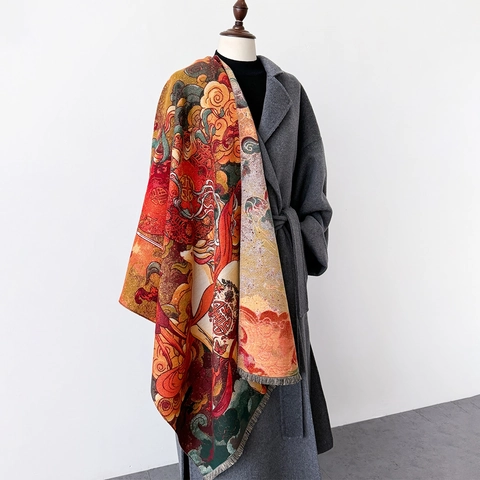 Thickened Faux Cashmere Shawl Scarf Dunhuang Art Print Chinese Style Elegant Winter Warm Tassel Wraps Women