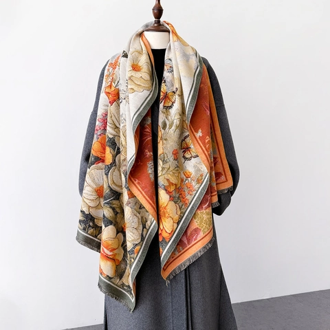 Retro Floral Butterfly Print Scarf Shawl Elegant Thickened Warm Imitation Cashmere Tassel Wrap For Women