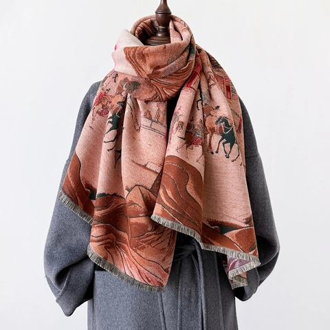 Vintage Dunhuang Jacquard Scarf Shawl Thick Warm Faux Cashmere Winter Wrap With Tassels For Women Elegant