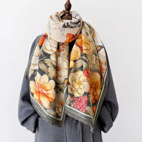 Retro Floral Butterfly Print Scarf Shawl Elegant Thickened Warm Imitation Cashmere Tassel Wrap For Women