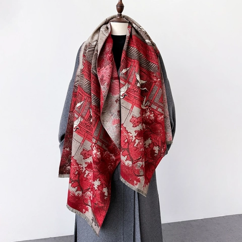 Chinese Style Retro Thick Winter Scarf Imitation Cashmere Warm Large Shawl Jacquard Crane Flower Pattern For Women