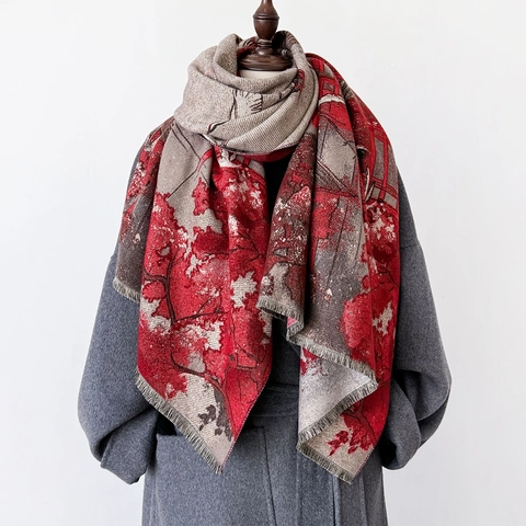 Chinese Style Retro Thick Winter Scarf Imitation Cashmere Warm Large Shawl Jacquard Crane Flower Pattern For Women