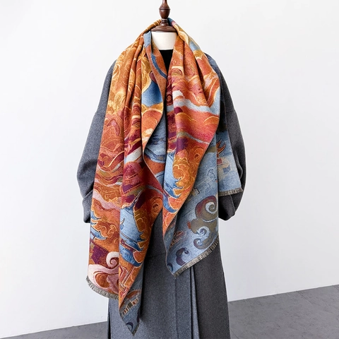 Sciarpa Scialle Invernale Da Donna Imitazione Cashmere Caldo Motivo Orientale Palazzo Nuvola Avvolgente Lunga Con Frange