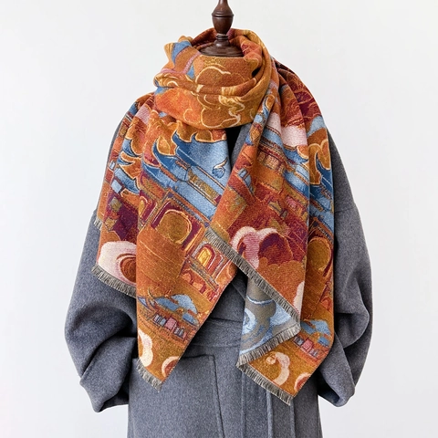 Sciarpa Scialle Invernale Da Donna Imitazione Cashmere Caldo Motivo Orientale Palazzo Nuvola Avvolgente Lunga Con Frange