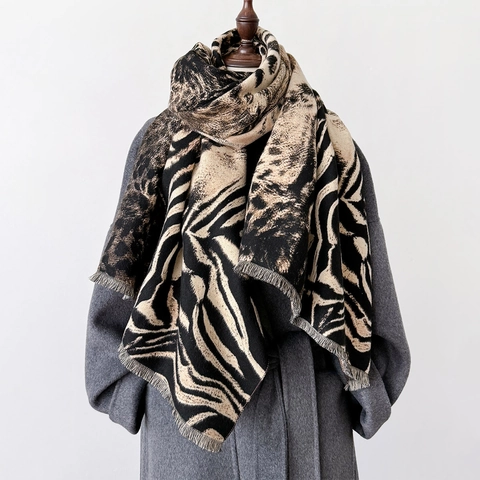 Sciarpa Invernale Scialle Stampa Leopardata Zebra Spessa Calda Doppia Faccia Imitazione Cashmere Nappe Avvolge Donne