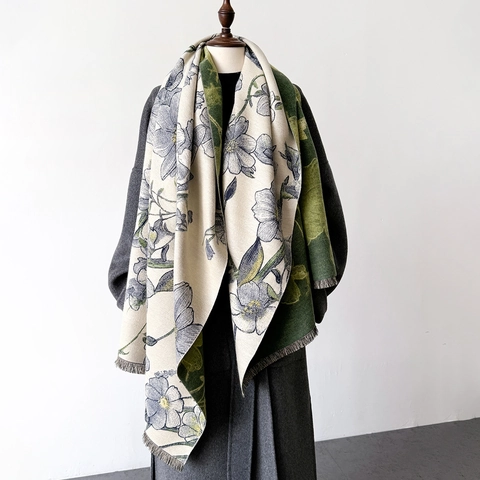Bufanda Chal Jacquard De Doble Cara Para Mujer Patrón Floral Grueso Cálido Imitación De Cachemira Con Borlas Invierno Otoño