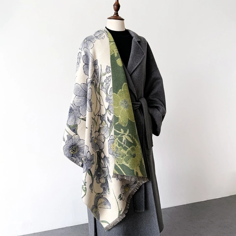 Bufanda Chal Jacquard De Doble Cara Para Mujer Patrón Floral Grueso Cálido Imitación De Cachemira Con Borlas Invierno Otoño
