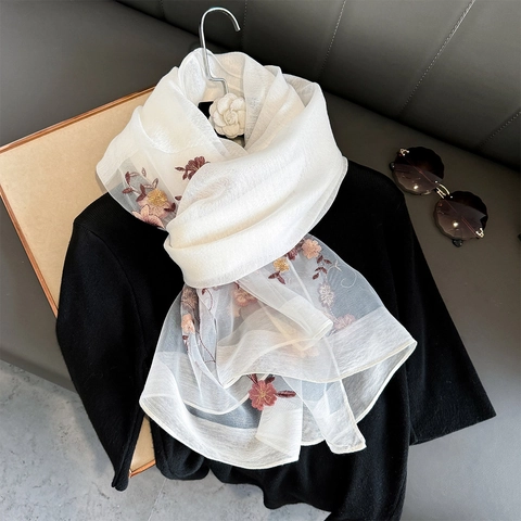 Women's Elegant Embroidered Floral Satin Scarf Lightweight Breathable Sun Protection Large Scarf Wrap Shawl Fashion Accessory