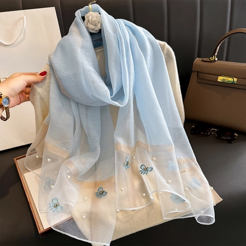 Chal Elegante De Satén De Imitación Para Mujer Bordado Mariposa Perlas Artificiales Transparente Bufanda Larga Moda