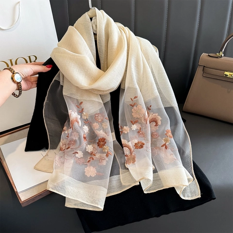 Women's Elegant Embroidered Floral Satin Scarf Lightweight Breathable Sun Protection Large Scarf Wrap Shawl Fashion Accessory