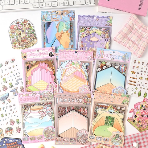 Miniature 3D Scene Stickers PET And White Card Waterproof DIY Scrapbooking Journaling Supplies Kawaii Cartoon Decorative