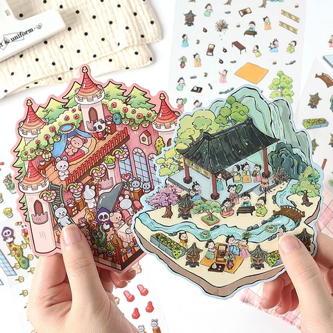 Miniature 3D Scene Stickers PET And White Card Waterproof DIY Scrapbooking Journaling Supplies Kawaii Cartoon Decorative
