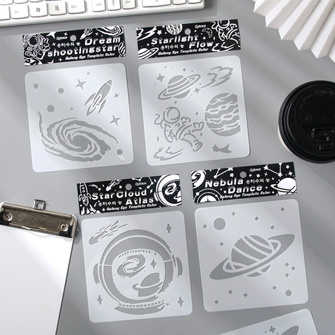 Space Theme Drawing Stencils PET Waterproof Painting Templates For Kids Students DIY Scrapbooking Astronaut Rocket Designs