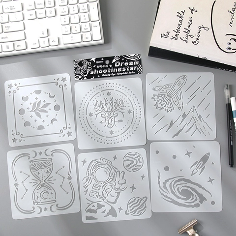 Space Theme Drawing Stencils PET Waterproof Painting Templates For Kids Students DIY Scrapbooking Astronaut Rocket Designs