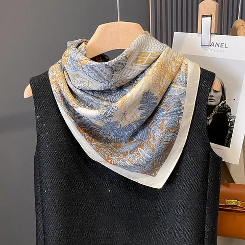 Floral Print Square Scarf Satin Feeling Polyester Shawl Tropical Flower Pattern Fashion Wrap For Women Office Lady