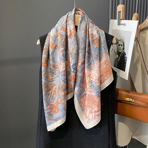 Floral Print Square Scarf Satin Feeling Polyester Shawl Tropical Flower Pattern Fashion Wrap For Women Office Lady