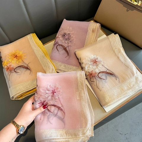 Elegant Embroidered Flower Satin Scarf For Women Long Jacquard Shawl Wrap With Golden Thread Edging Fashion Commute Scarf Daily Party Gift